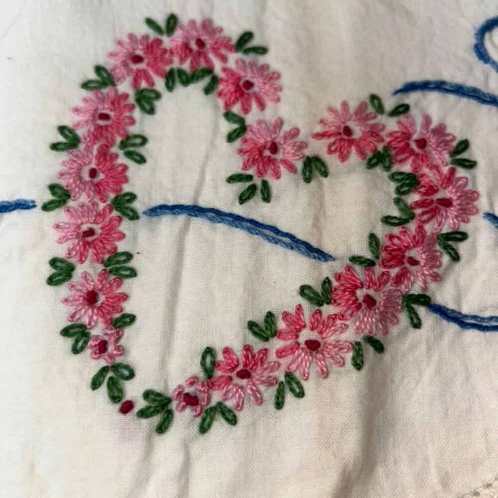 Vintage Hand Embroidered needlepoint Hearts of flowers ONE cotton pillow case